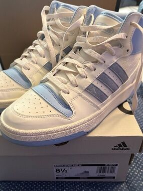 adidas White & Light Blue Mid-Top Sneakers